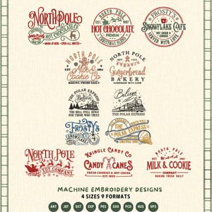 Puede incluir: Una colección de diseños de bordado a máquina con temática navideña. Los diseños presentan logotipos festivos para una empresa de chocolate caliente, una panadería y una empresa de dulces. Los diseños incluyen el texto "North Pole", "Frosty's" y "The Polar Express".