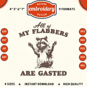 All of my flabbers are gasted Machine Embroidery File, Funny raccoon Embroidery Design, DST PES File for Embroidery Machine