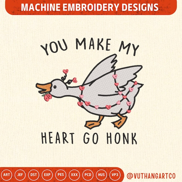 You make my heart go honk embroidery design, valentine goose machine embroidery files, PES 4x4 Hoop