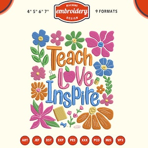 Boho teach love inspire Design de bordado, Bordado para o primeiro dia de aula, Bordado para professores, Estamos de volta, Arquivo PES para máquina de bordar