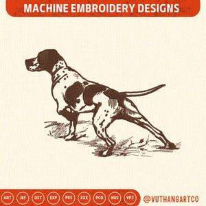 Peut inclure: Motif de broderie machine représentant un chien marron et blanc en position de chasse. Le chien a des taches et des marques marron. Le motif est posé sur un fond crème. Le texte en haut indique "MACHINE EMBROIDERY DESIGNS".