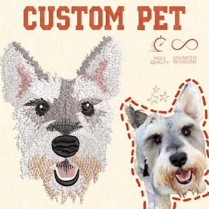 Puede incluir: Un diseño bordado con un perro Schnauzer con pelaje gris y blanco, una nariz negra y la boca abierta. El texto "CUSTOM PET" está encima del perro. El texto adicional dice "HIGH QUALITY" y "UNLIMITED REVISIONS".