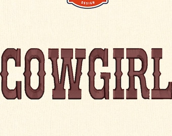 May include: A brown embroidered design of the word "COWGIRL" in a western font. The image includes the text "MACHINE embroidery DESIGN" and the sizes 10 cm, 13 cm, 15 cm, and 18 cm. It also shows 9 formats and the file types ART, JEF, DST, EXP, PES, XXX, PCD, HUS, and VP3.