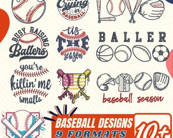 May include: A collection of 10+ baseball-themed embroidery designs in 9 formats. The designs feature baseballs, bats, gloves, and other baseball-related imagery. The text "There's no crying in baseball" is featured in one of the designs.