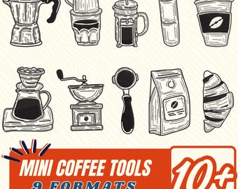May include: A set of 10 black and white line drawings of coffee tools, including a coffee pot, a french press, a grinder, a coffee bag, a coffee cup, and a croissant. The text "MINI COFFEE TOOLS 9 FORMATS FOR EMBROIDERY MACHINES 10+ " is at the bottom of the image.