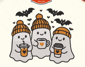 Cute Ghosts with coffee Machine embroidery files, Fall Embroidery Design, Halloween embroidery, Digital files For 4x4 Hoop, Instant download