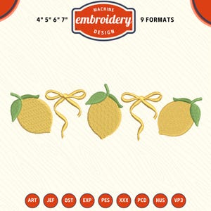 May include: Machine embroidery design featuring embroidered lemons with green leaves and yellow bows. The design includes sizes 10 cm, 13 cm, 15 cm, and 18 cm and is available in 9 formats. Ideal for crafting projects.