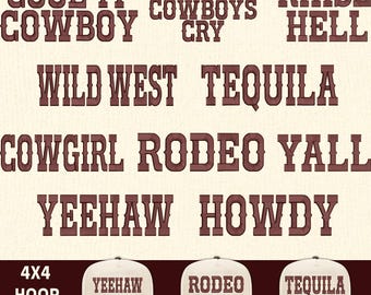 May include: A selection of brown text designs with a Western theme, featuring phrases such as "Cool It Cowboy" and "Wild West." Below are three baseball caps with the words "Yeehaw," "Rodeo," and "Tequila."