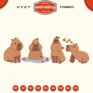 May include: Machine embroidery design featuring four brown capybaras with orange hats and accents. The design includes the text "MACHINE embroidery DESIGN" and the sizes 4", 5", 6", and 7". Nine formats are available.