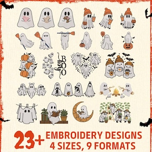 May include: A collection of 23+ embroidery designs featuring various cartoon ghosts in different poses and with accessories. The designs include ghosts with pumpkins, coffee cups, and reading books. The image also includes the text "EMBROIDERY DESIGNS 4 SIZES, 9 FORMATS."