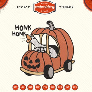 Peut inclure: Motif de broderie machine avec une oie de dessin animé conduisant une voiture citrouille. La citrouille est orange avec un visage de lanterne. L'oie corne, avec le texte "HONK HONK" au-dessus. Disponible en 9 formats.