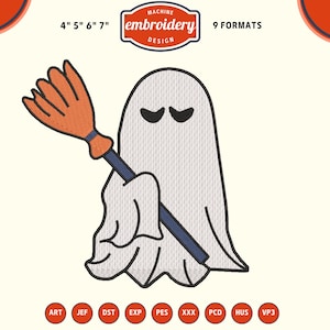 May include: Machine embroidery design featuring a white ghost holding an orange and blue broom. The design includes the text "MACHINE embroidery DESIGN" and is available in 9 formats. Sizes available: 4", 5", 6", and 7".