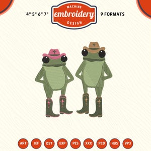 May include: Machine embroidery design featuring two cartoon frogs wearing cowboy hats and boots. The frogs are green with black eyes and are standing side by side. The design is available in 9 formats and sizes 4", 5", 6", and 7".