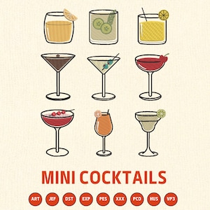 Mini cocktails embroidery design, Martini espresso embroidery designs, Cute embroidery, 4x4 hoop designs, digital files, instant download