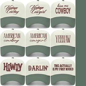May include: Nine baseball caps with cream-coloured crowns and green brims. Each cap displays text in a brown font, with phrases such as "Vintage Cowboy", "American Cowboy", and "Howdy". A fun, casual accessory.