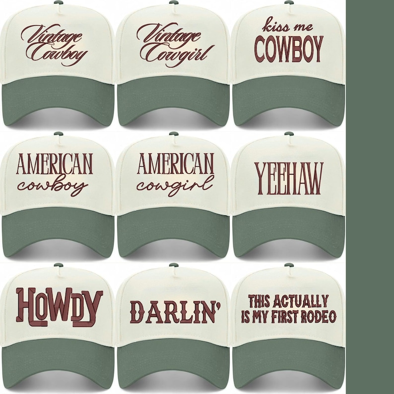 May include: Nine baseball caps with cream-coloured crowns and green brims. Each cap displays text in a brown font, with phrases such as "Vintage Cowboy", "American Cowboy", and "Howdy". A fun, casual accessory.