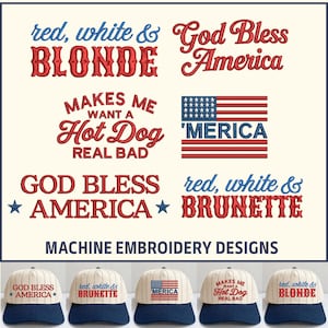 Könnte beinhalten: Baseballkappen mit patriotischen Stickereien. Designs beinhalten "God Bless America", "'Merica" und "Makes Me Want a Hot Dog Real Bad". Die Kappen haben eine weiße Oberseite mit blauen Krempen. Das Bild zeigt auch die Stickmuster.
