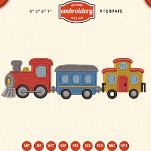 May include: A machine embroidery design featuring a red steam locomotive, a blue passenger car, and a yellow caboose. The text reads 4" 5" 6" 7" and 9 FORMATS. Below are circular icons labeled ART, JEF, DST, EXP, PES, XXX, PCD, HUS, and VP3.