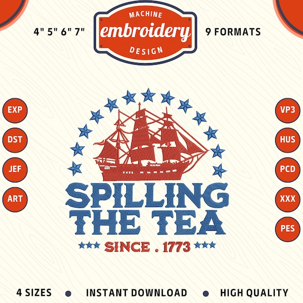 4th of July Spilling The Tea Embroidery Design (Digital Download)