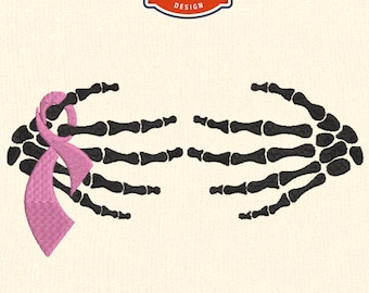 May include: A machine embroidery design featuring two black skeletal hands facing each other, with a pink awareness ribbon wrapped around the left hand. The text reads 4" 5" 6" 7" and MACHINE EMBROIDERY DESIGN, with 9 FORMATS and file extensions listed below.
