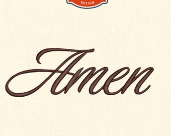 May include: Brown embroidered word "Amen" in a cursive font. The design includes the text "Machine Embroidery Design" and the sizes 4", 5", 6", and 7". The image also shows 9 formats and the file types ART, JEF, DST, EXP, PES, XXX, PCD, HUS, and VP3.
