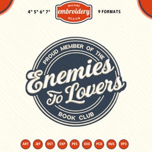 Enemies to lovers Embroidery File, Book Embroidery Design, Book lover embroidery, DST PES File for Embroidery Machine