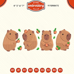 May include: Machine embroidery design featuring four brown capybaras holding peaches, with green leaves scattered above. The design is available in 9 formats and sizes 4", 5", 6", and 7".