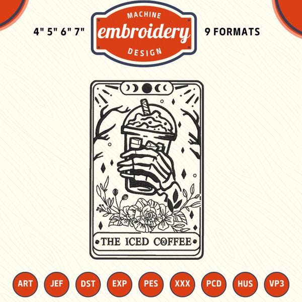 The iced coffee tarot card Machine Embroidery File, Funny Skeleton Embroidery Design, DST PES File for Embroidery Machine
