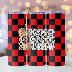 20oz Suspect Runs on 7 Brew Red & Black Checkered Tumbler Wrap Digital Download