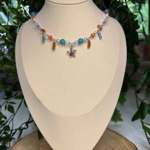 Orange Summer, Silber, Simpel, Handgemacht, Blau, Sommer, Strand, Meer, Urlaub, Vintage, Seestern, Perlen, Edelsteine, Warm, Kette