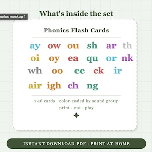 May include: A set of phonics flash cards with colorful letter combinations, including "ay," "ow," and "ou." The cards are color-coded by sound group and designed for printing, cutting, and playing. The set includes 246 cards.