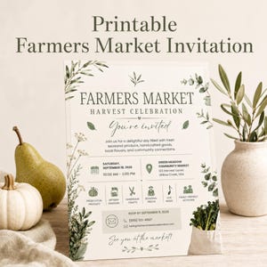 Könnte beinhalten: Eine druckbare Einladungskarte für ein Bauernmarkt-Erntefest mit grünen botanischen Illustrationen, Veranstaltungsdetails für Samstag, den 19. September 2026, auf dem Green Meadow Community Market sowie thematischen Symbolen für das Fest.