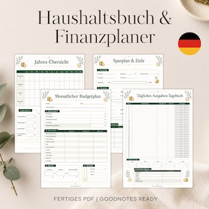 Könnte beinhalten: Eine Sammlung druckbarer Finanzplanungsbögen mit deutschen Überschriften. Die Bögen enthalten Abschnitte für Jahresübersicht, Sparziele, Monatsbudget und tägliche Ausgabenverfolgung. Das Design ist minimalistisch mit grünen Akzenten und dekorativen Blattillustrationen. Der Text "FERTIGES PDF | GOODNOTES READY".