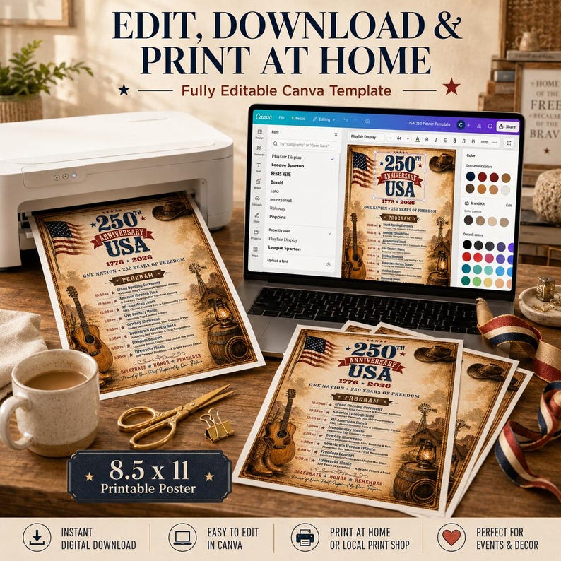 May include: A printed poster with the text "250th Anniversary USA 1776-2026" featuring a guitar, flag, and barrel design. The poster is 21.59 x 27.94 cm and is being printed at home. The image also shows a laptop and printer.