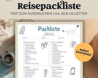 Reise-Packliste zum Ausdrucken | Urlaub Checkliste PDF | Koffer Packhilfe für stressfreies Reisen | Digitale Liste zum Abhaken