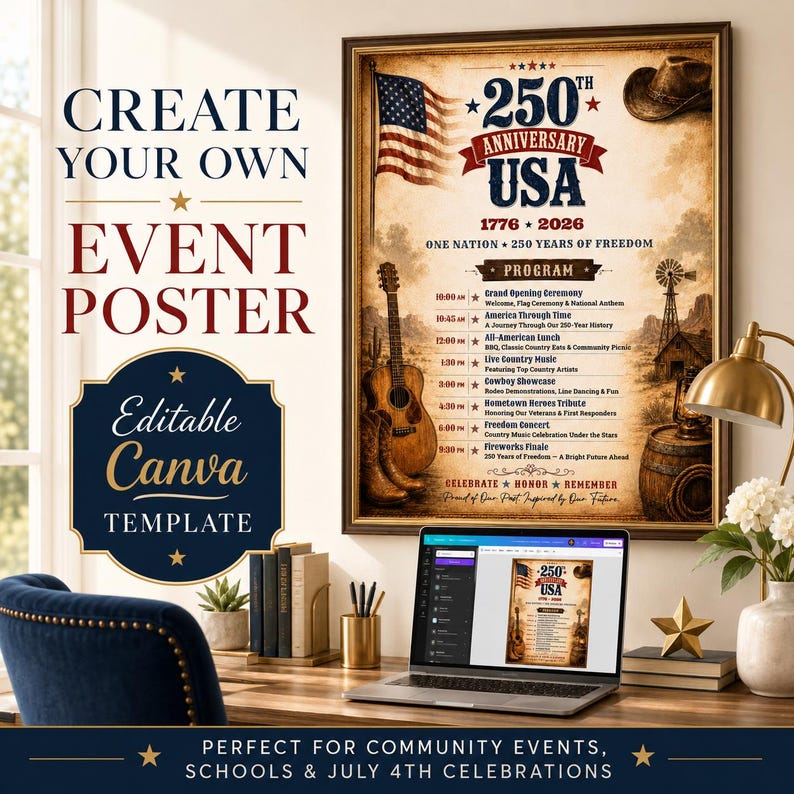 May include: A poster design for a 250th anniversary celebration of the USA, featuring a guitar, cowboy hat, and American flag. The text includes "Create Your Own Event Poster" and "Editable Canva Template."