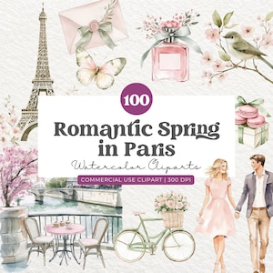 Könnte beinhalten: Aquarell-Clipart-Set mit romantischem Frühlingsmotiv. Das Bild zeigt Illustrationen des Eiffelturms, Parfums, Schmetterlingen, Makronen, eines Fahrrads und eines Paares. Der Text lautet "Romantic Spring in Paris" und "Watercolor Cliparts".