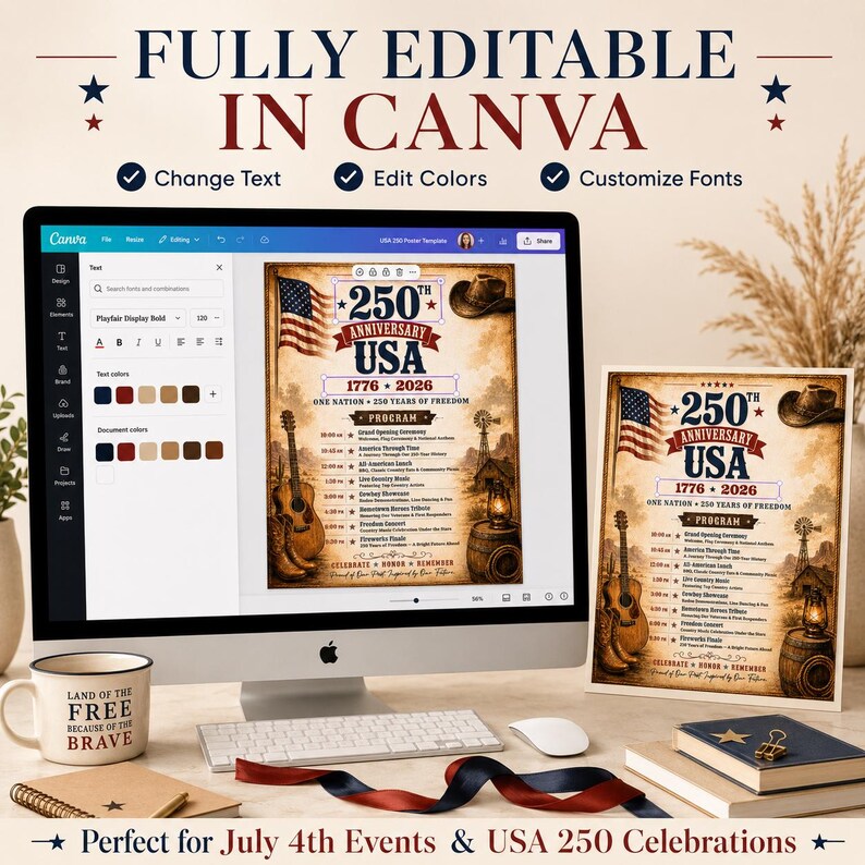 May include: A computer screen shows a patriotic design for the 250th Anniversary of the USA, featuring an American flag, guitar, and text. A printed version of the design is also present. The mug has the text "LAND OF THE FREE BECAUSE OF THE BRAVE".
