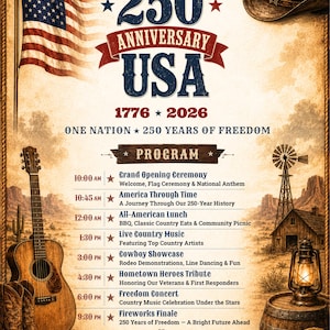 May include: A vintage poster commemorating the 250th anniversary of the USA, with an American flag, cowboy hat, guitar, boots, and a detailed program. The poster displays the text "250th Anniversary USA 1776-2026".