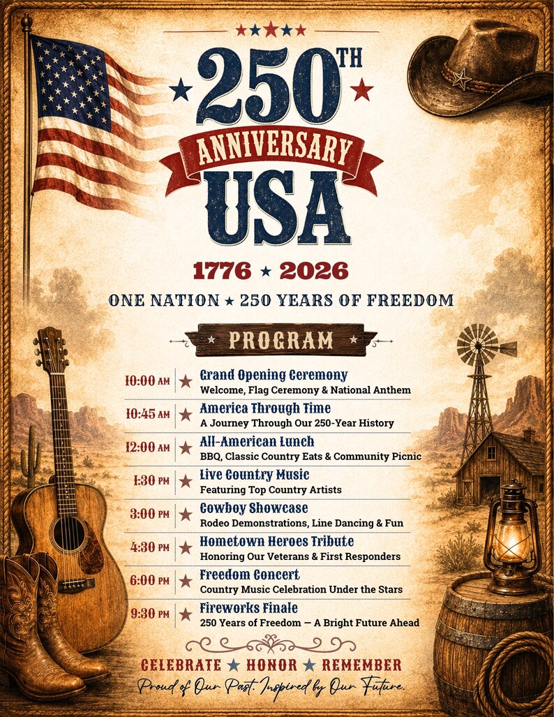 May include: A vintage poster commemorating the 250th anniversary of the USA, with an American flag, cowboy hat, guitar, boots, and a detailed program. The poster displays the text "250th Anniversary USA 1776-2026".