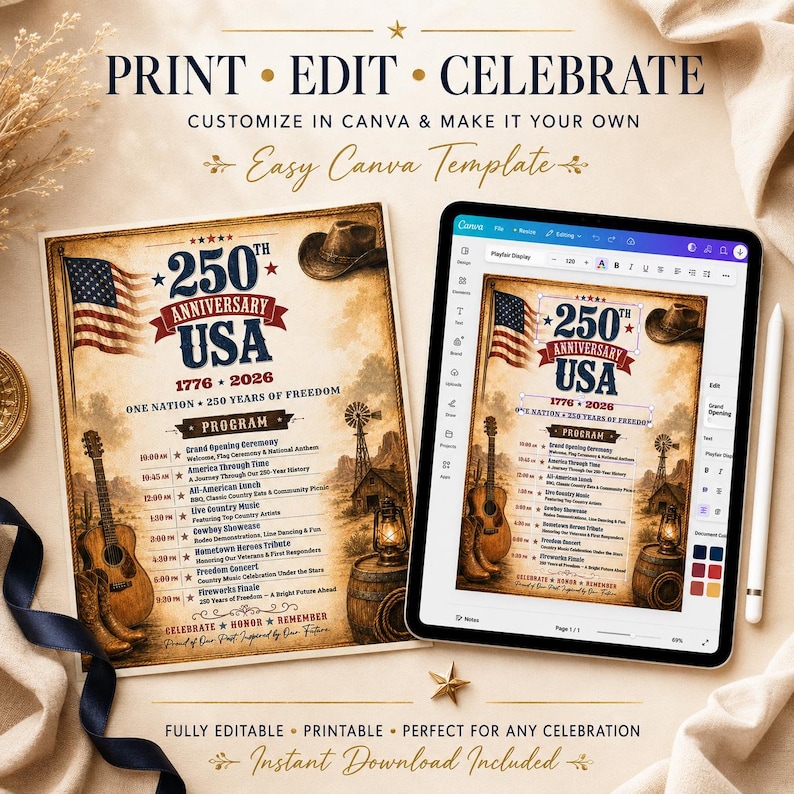 May include: A digital template for a 250th Anniversary USA celebration, featuring an American flag, cowboy hat, guitar, and program details. The design is customizable in Canva and includes the text "Print, Edit, Celebrate."