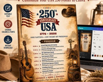 USA 250th Anniversary Western Event Program Template, Editable Canva Poster, Patriotic Cowboy Party Sign, July 4th 2026 Printable Decor