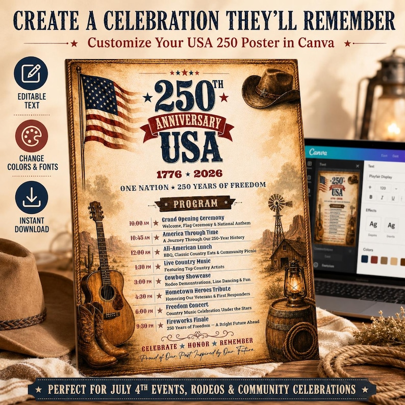 May include: A vintage poster commemorating 250 years of the USA, with an American flag, cowboy hat, guitar, and boots. The poster details a program for July 4th events, rodeos, and community celebrations, with a rustic design.