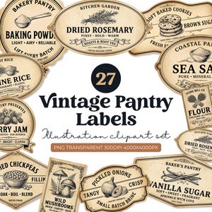 Printbare set vintage voorraadkastetiketten, rustieke keukenetiketten voor potten en potten, landelijke decoratie, digitale download voor voedselopslag, cottagecore voorraadkast, bakken