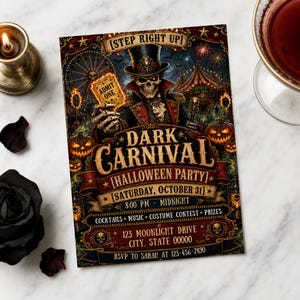 Könnte beinhalten: Eine rechteckige Einladung zur Dark Carnival Halloween-Party mit einem Skelett im Zylinder, das ein Admit One-Ticket hält. Das Design zeigt ein Riesenrad, ein Zirkuszelt und Kürbisse mit Text zu Datum, Uhrzeit und Ort der Veranstaltung.
