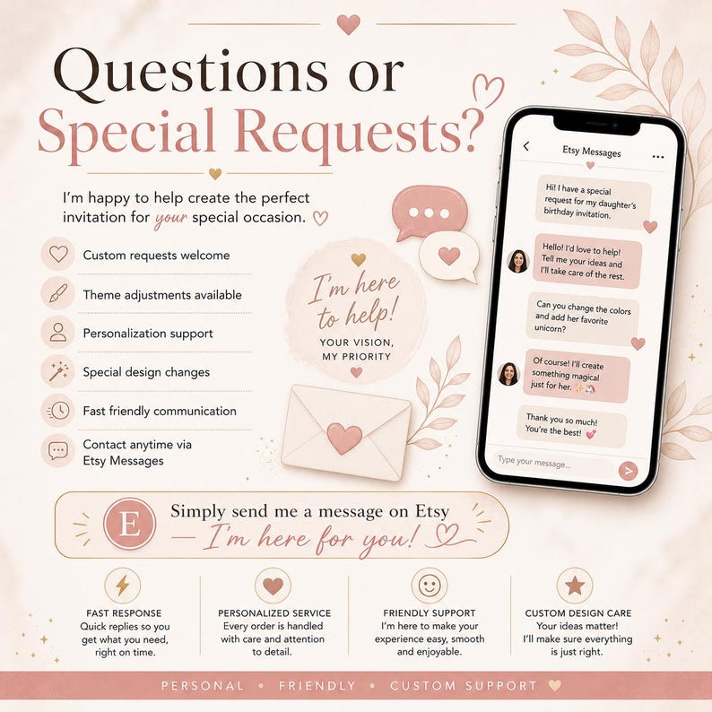 May include: An advertisement for custom invitations. The image features a smartphone displaying Etsy messages, icons, and text that reads "Questions or Special Requests?" and "I'm here to help!"