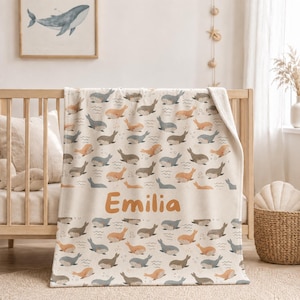 Personalized Baby Blanket with Whales, Custom Sherpa Fleece Blanket, Neutral Nursery Decor, Baby Shower Gift, Name Blanket