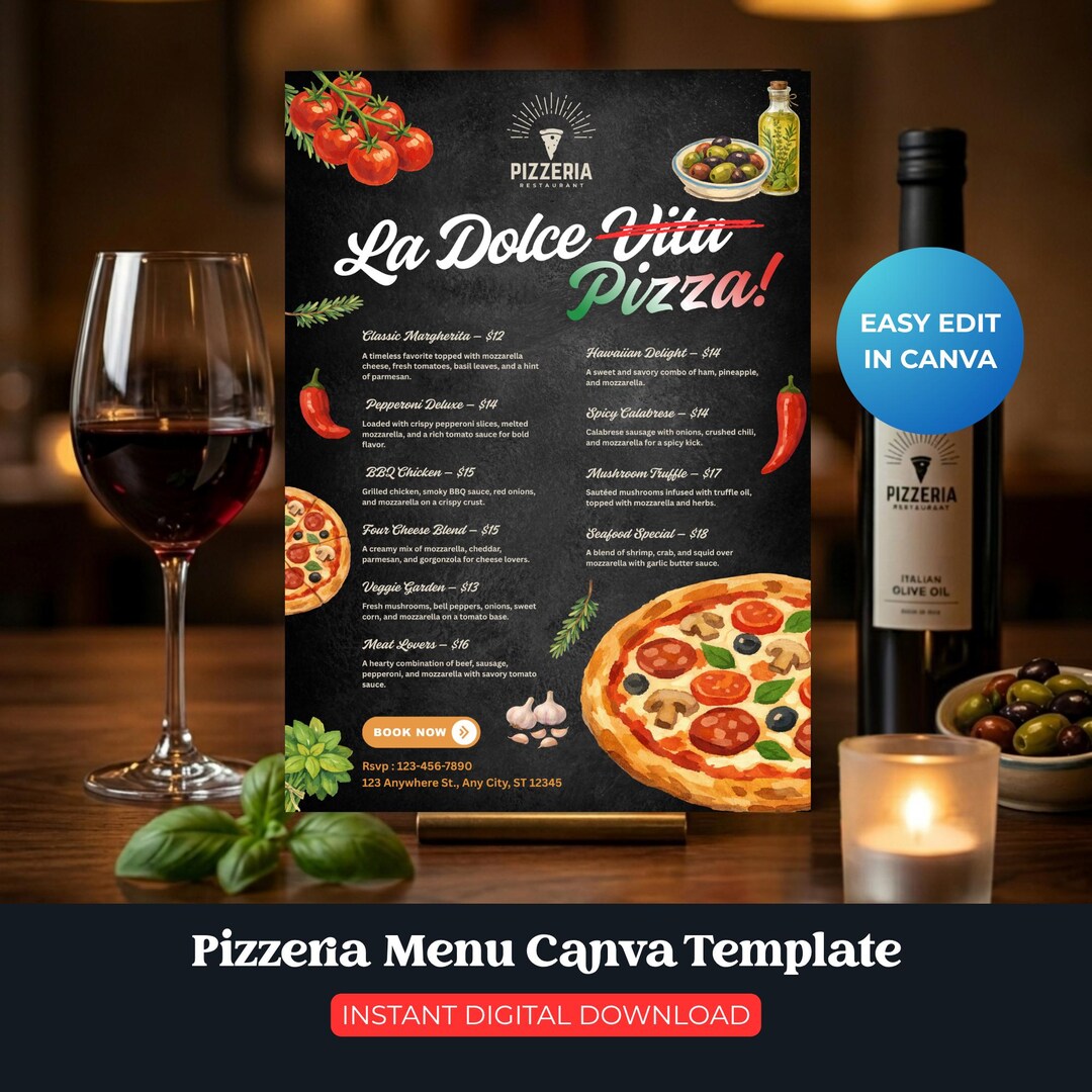 Editable Pizzeria Menu Template Canva A4 Restaurant Menu for Small ...