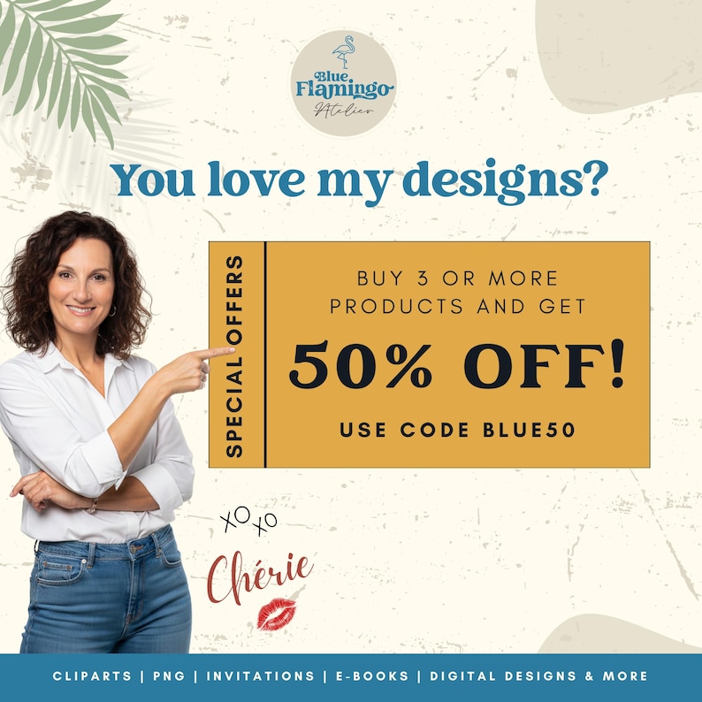 May include: A woman gestures towards a mustard-coloured promotional banner with the text "BUY 3 OR MORE PRODUCTS AND GET 50% OFF! USE CODE BLUE50." The image also includes the text "You love my designs?" and the Blue Flamingo Atelier logo.