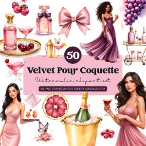 Coquette Cocktail Watercolor Clipart Bundle, Dusty Rose Plum Gold Drinks, Feminine Bar Cart, Romantic Party Decor, Cherry Bow Aesthetic PNG
